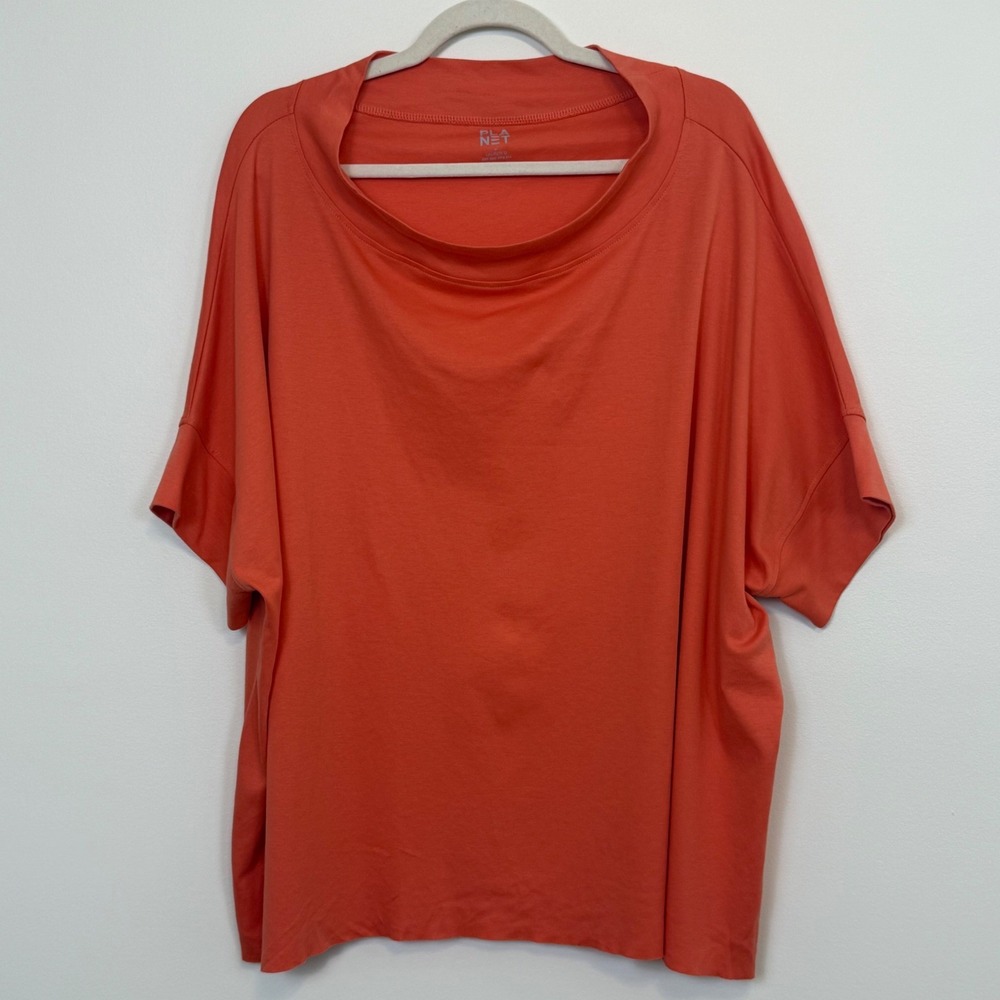 Planet by Lauren G Pima Cotton Wide Mock Neck Boxy Oversized Top Coral OSFA